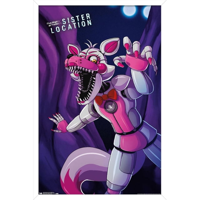 Five Nights at Freddy's : Sister Location - Funtime Foxy Affiche Murale, 14,725 Pouces x 22,375 Pouces Encadrée Montrant une Vue Frontale de l'Animatronique Funtime Foxy avec un Corps Rose et Blanc Segmenté, un Nœud Papillon Rouge, une Bouche Ouverte aux Dents Tranchantes et des Mains Griffées sur un Fond Violet Foncé avec des Orbes Lumineux, Idéale pour la Décoration Murale de Chambre Ou de Bureau.
