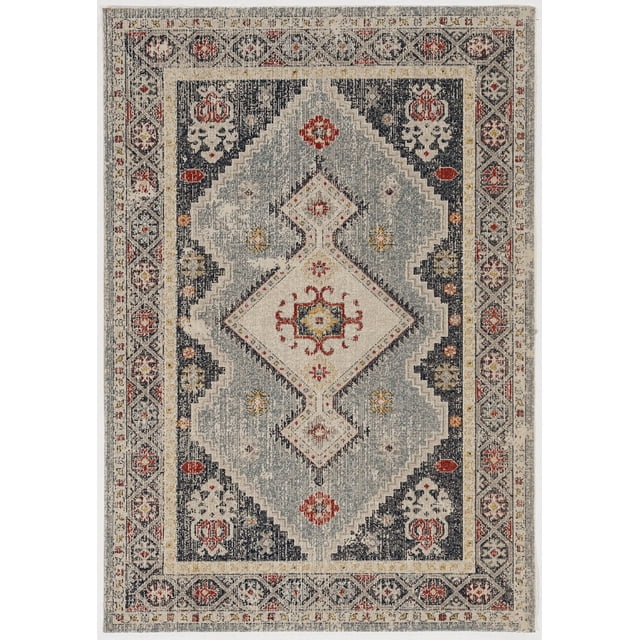 Great Zero Marle Ivory & Blue 8' x 10' area rug featuring a traditional geometric pattern with a central diamond medallion in muted ivory, blue, red, and yellow tones. The rug has a subtle distressed vintage effect with a low, flat pile and visible jute core, offering a soft chenille texture ideal for accenting living spaces.