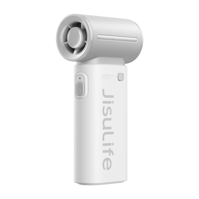JISULIFE Portable Handheld Fan in grey, featuring a compact and lightweight design with a high-speed turbo motor delivering up to 40,000 RPM. This mini fan includes 9 turbine blades for concentrated airflow, 5 adjustable speed settings, and a 5000mAh USB rechargeable battery offering up to 18 hours of use. The fan has a sleek, pocket-sized build with a lanyard for hands-free convenience, making it ideal for travel, outdoor activities, or as a thoughtful gift.