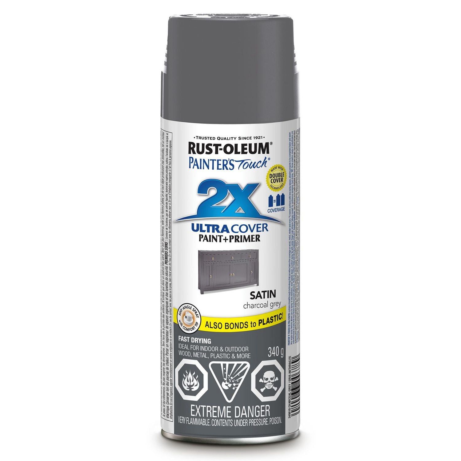 Peinture et apprêt polyvalents Rust-Oleum Painter's Touch 2X Ultra Cover en aérosol, finition satinée gris charbon, 340g