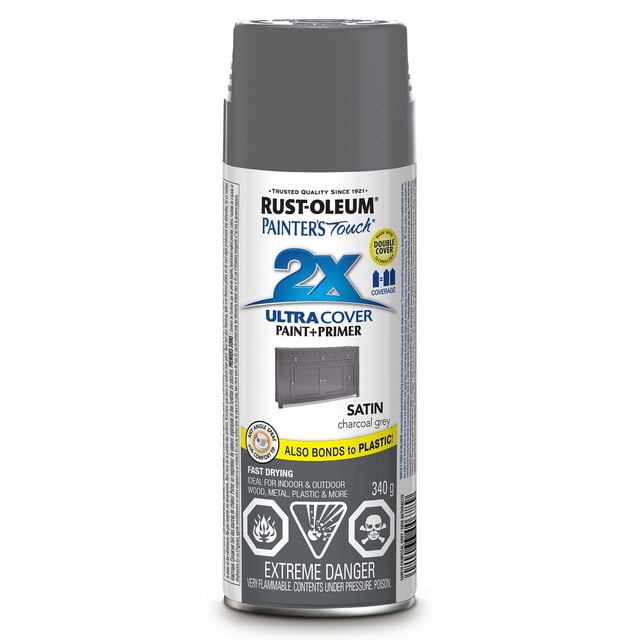 Rust-Oleum Painter's Touch Ultra Cover 2X spray paint and primer in satin charcoal grey, 340g can with fast drying formula and any angle spray for wood, metal, plastic surfaces, featuring double coverage and extreme flammability warnings.