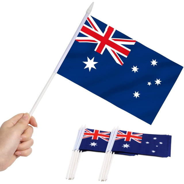 Anley Australia Mini Flag 12 Pack - Hand Held Small Miniature Australian Flags on Stick - 5x8 Inch with Solid Pole & Spear Top