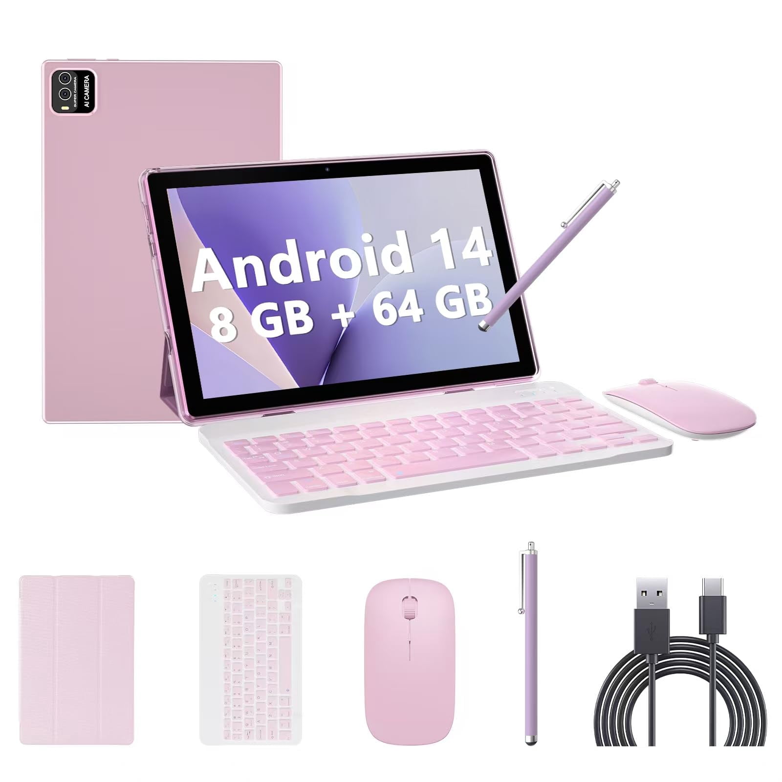 Android 14 Tablet, 10 inch Tablets with Keyboard, 8GB RAM+64GB ROM+1TB Expandable Tablet, 1.8Ghz Quad-Core Processor, Case/ Mouse/ Stylus/ 8MP Camera/ 6000