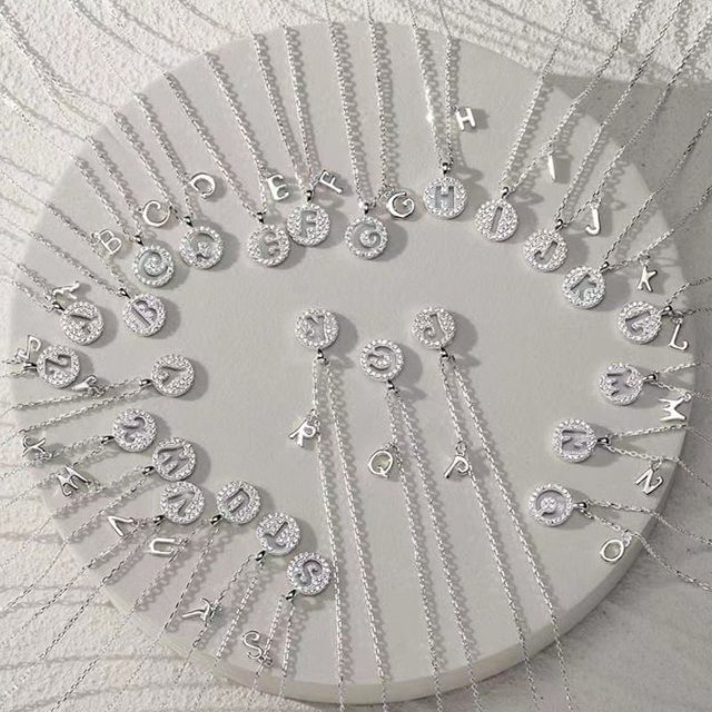 Pendentif Rond Initiale Couleur Argent pour Femmes A-Z Zircon Pendentif Nom Collier Bijou Cadeau