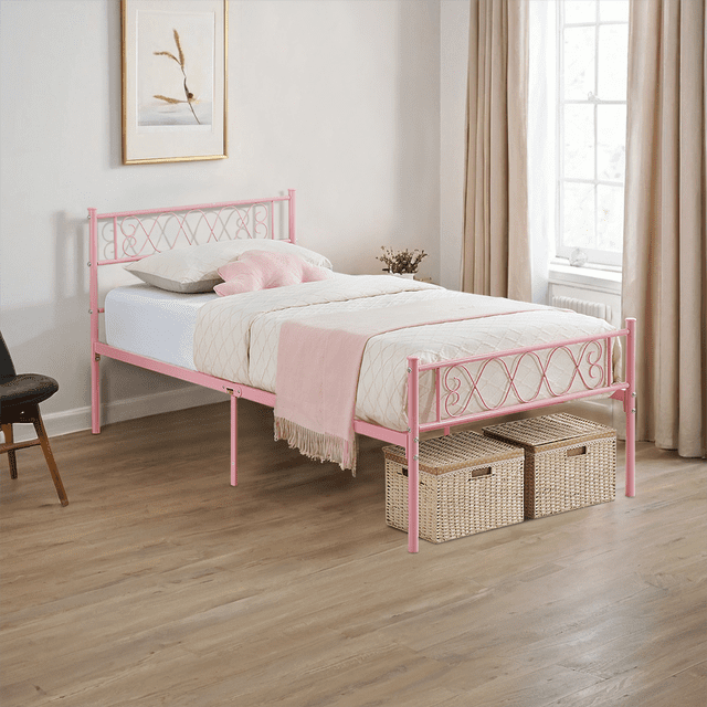 Metal Twin Size Bed Frame with Headboard & Footboard, Black/Pink Twin Bed Platform with Under-Bed Storage, Heavy Duty Metal Slats Support, No Box Spring Needed, Easy Assembly