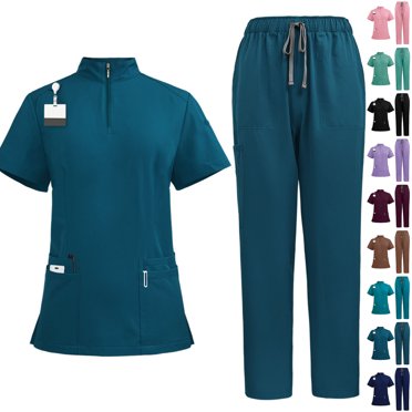 Liquidation Horkkom Ensembles de Sarraus pour Femme Couleur Unie Ensemble d'Uniformes d'Infirmière Manches Courtes Hauts à Fermeture Éclair avec Poches Pantalon Long Taille Élastique Ensembles de Sarraus de Soins Infirmiers Rouge P