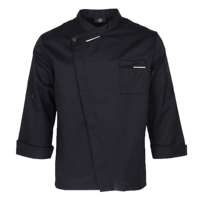 Unisex Men Chef Jacket Long Sleeve Shirt Coat Baker Jacket Kitchen Uniform Workwear with concealed buttons in XXL black. Made of durable polyester cotton, featuring a front pocket, breathable material, and sweat-absorbing fabric. Ideal for chefs and food industry professionals in restaurants, bakeries, and coffee shops.