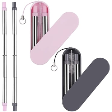 Reusable Straws Telescopic Metal Travel Straws - Stainless Steel Drinking Straws, Portable Collapsible Straw with Case & Key chain & Cleaning Brush, 2 Pack
