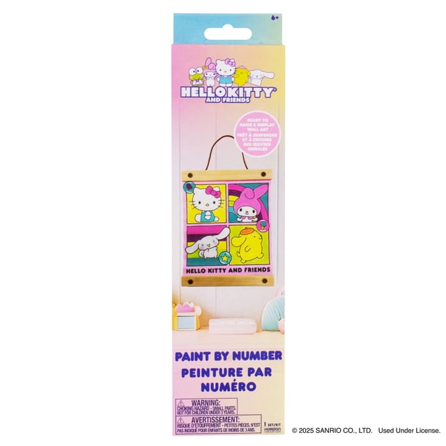 Hello Kitty® And Friends Trousse de Peinture par Numéros Emballage Montrant une Oeuvre Murale Encadrée en Bois Colorée Prête à Accrocher Mettant en Vedette Hello Kitty, My Melody, Cinnamoroll et Pompompurin, Idéale pour la Peinture pour Enfants et les arts et Bricolages, Recommandée pour 6 Ans et Plus.