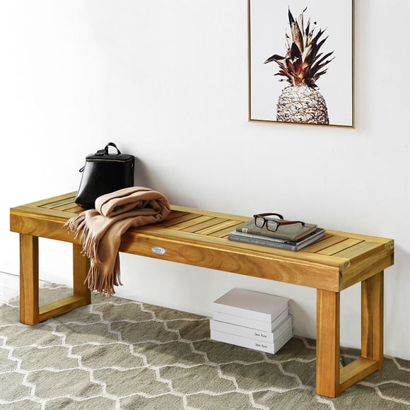 Costway 52'' Outdoor Acacia Wood Dining Bench Chair Seat Slat