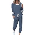 thumbnail image 1 of Posijego Ensemble Femme 2 Pcs Tenue Rayée Décontractée Manches Longues Col Ras du Cou Hauts Pantalons à Cordon Ensembles Détente P-5TG, 1 of 5