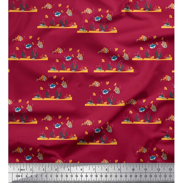 Soimoi Velvet Fabric Coral & Fish Ocean Printed Fabric 1 Yard 58 Inch Wide