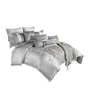 12 Piece King Polyester Comforter Set with Medallion Print, Platinum Gray