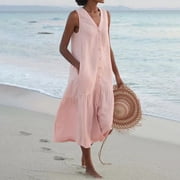 CHUANK Womens Dresses Clearance Under $5.00 White Maxi Dress for Women Solid Solor V-Neck Sleeveless Button Dress Cotton Linen Long Sundresses for Women