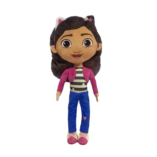 Gabby's Dollhouse Coussin Câlin « Charmant Gabby » Mettant en Vedette un Personnage en Peluche aux Cheveux Foncés et aux Oreilles de Chat, Portant une Veste Rose par-Dessus une Chemise à Rayures, un Pantalon Bleu avec un Écusson pour Chat et des Chaussures Roses, Convient pour les Câlins et les Voyages.