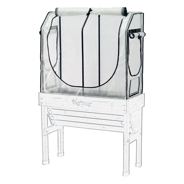 Small Wall Hugger Frame and Multi-Cover Set with powder-coated steel frame and raised wooden planter base. Features a dual-layer cover with polyethylene greenhouse heat blanket and micro mesh insect barrier, each zipped separately with wide roll-up openings for easy plant access. Designed to warm plants and protect from insects, compatible with Small Wall Hugger VegTrug models.