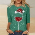 thumbnail image 2 of Hauts d'Été pour Femmes Noël Verre de Vin Rouge Imprimé Col Rond Manches Trois-Quarts T-Shirts Surdimensionnés pour Femmes Vert TTG, 2 of 4