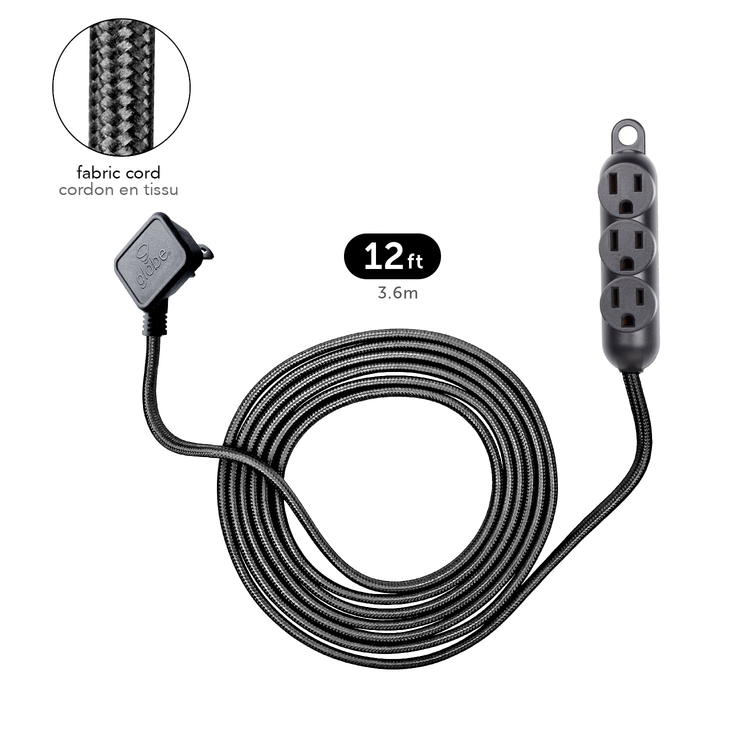 Rallonge électrique en tissu noir de 3,7 m (12 pi) et de calibre 16/3 à 3 prises avec fiche coudée et crochet intégré de Globe Electric