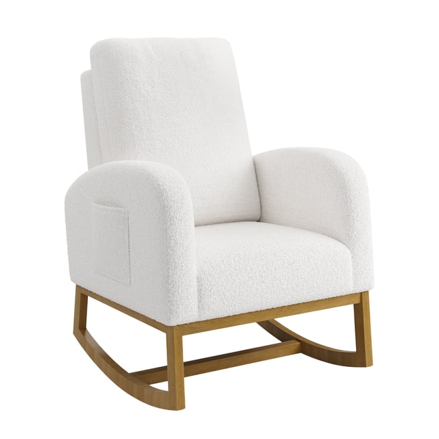 Nursery Rocking Chair, Rocking Chair Nursery for Mom, Comfy Upholstered Nursery Rocker with High Back & Pocket, Modern Wingback Accent Chair for Reading Living Room Bedroom