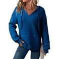 thumbnail image 1 of Xdegoge Womens Hoodies Sweatshirts Oversized Sweatshirts Ribbed Knit Long Sleeve Drawstring V Neck Casual Pullover Sweatshirt Hooded Tops Plus Size Fall Winter Clothes with Pockets Blue XXL, 1 of 9
