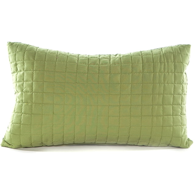 Gouchee Design Grid Long Cushion in lime green with a quilted grid pattern on brushed microfiber polyester fabric, filled with Canadian polyester fiber, measuring 20 by 12 inches, featuring a zipper closure for easy cleaning, ideal for decorative pillows and suitable for lumbar support in home décor.