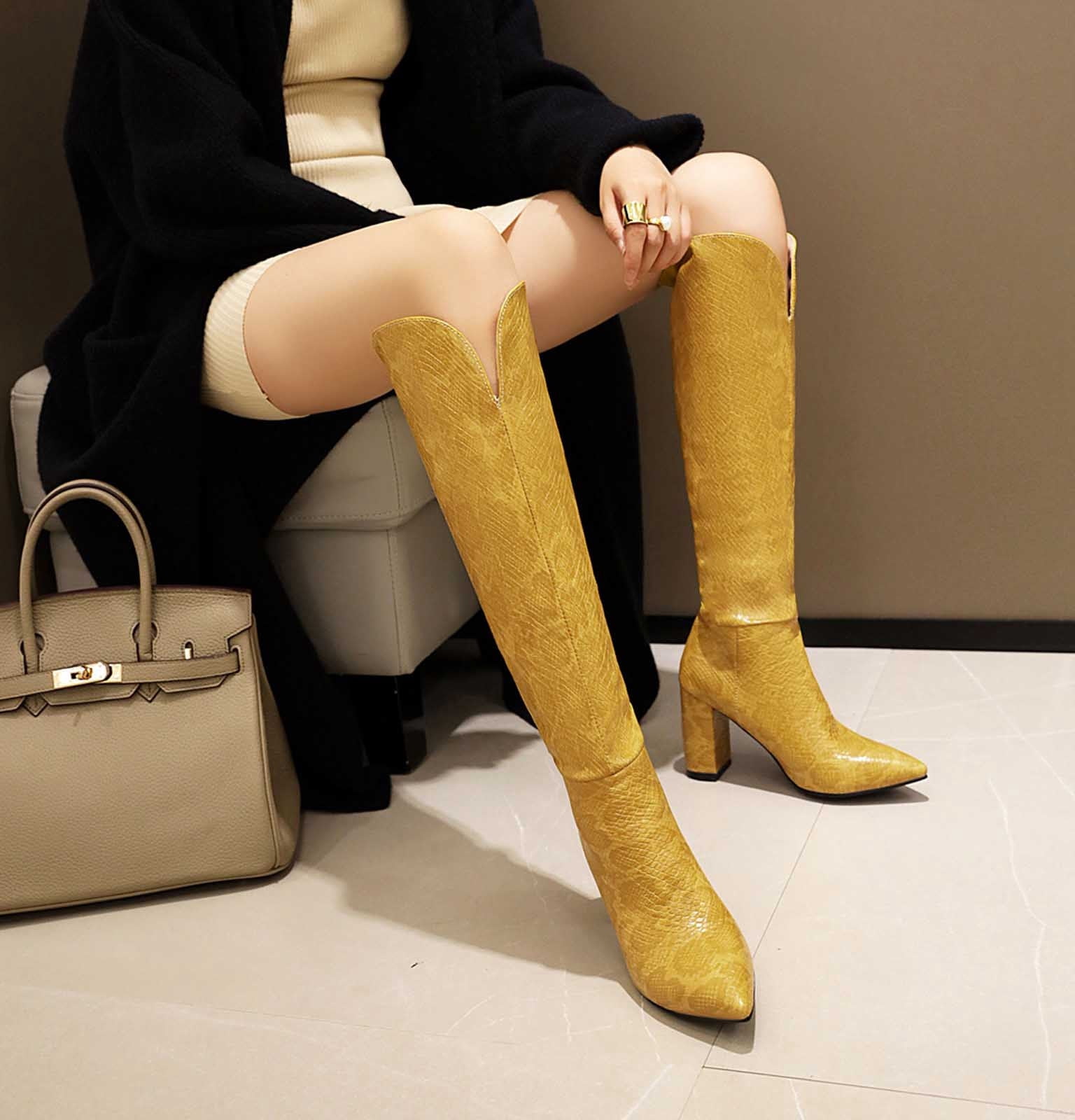 Bottes Mode Grande Taille Femmes Bottes à Tige Longue à Imprimé Serpent Chaussures à Talons Bas Pointues Bottes Bottes Cavalières