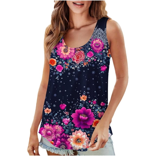 UPPADA Camisoles d'Été pour Femmes à Imprimé Floral, Col Ras du Cou, Sans Manches, Chemises Décontractées à Ourlet Fluide, Jolis T-Shirts, Chemises Coupe Ample, Hauts Confortables Multicolores, S