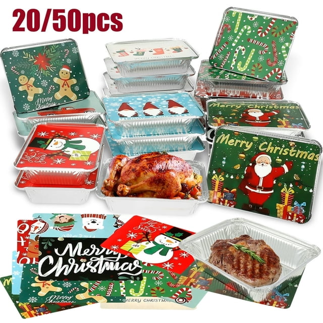 50/20Pcs Christmas Cookie Tins with Lid made of high-quality tin foil material, featuring 10 festive designs including Santa Claus, snowmen, and candy canes. These reusable and disposable foil treat containers are perfect for holiday gift giving, food storage, and serving baked goods like cookies, muffins, and pies. Ideal for Christmas parties, holiday baking, picnics, and family gatherings.