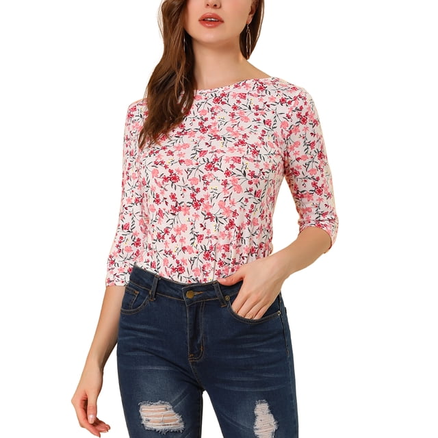 INSPIRE CHIC Hauts pour Femmes Non Doublés à Col Rond Manches au Coude Coupe Ajustée T-Shirt Décontracté TP Blanc-Floral. un T-Shirt pour Femmes Coupe Ajustée avec un Col Rond et des Manches Longueur Coude, Fabriqué en Tissu polyester-spandex Respirant. Présente un Motif floral vibrant, Idéal pour une Tenue Décontractée Ou à Agencer avec des jeans pour un Style CHIC.