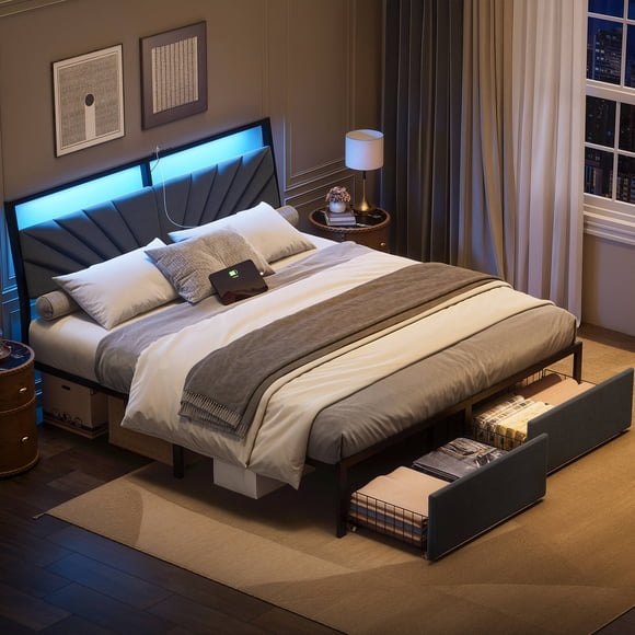 GUNAITO Full Bed Frame with Storage Drawers, Platform Bed with Ergonomic Tilted Upholstered Headboard, Metal Bed with Charging Station and LED, Dark Grey