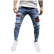 FcBaudy Full Length Pants Men's Casual Straight Ripped Hole Trousers Jeans Pants Full Length Pants Men Pants