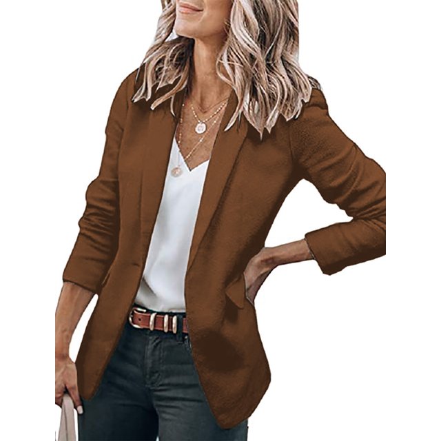Innerwin Blazers Solid Color Women Cardigan Jacket Work Shawl Neck Slim Fit Business Jackets Brown XL