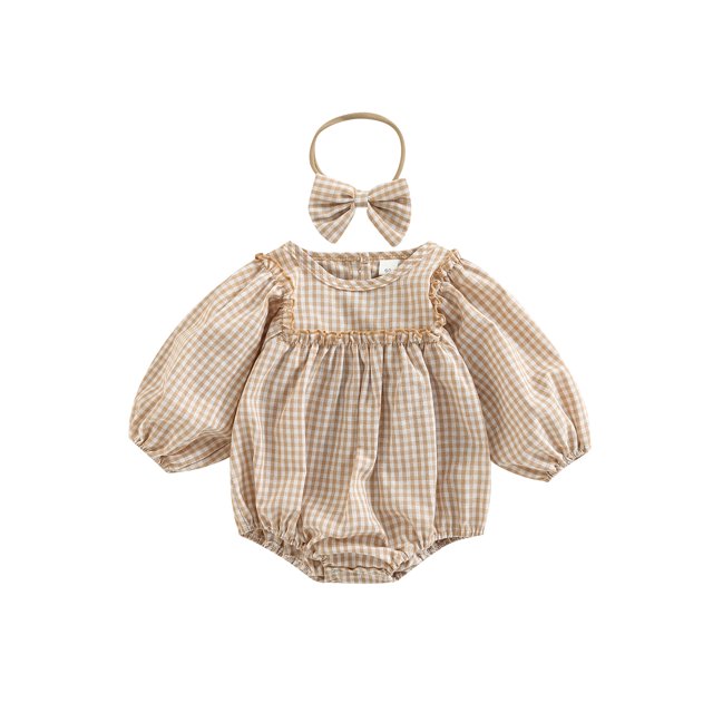 Faithtur Barboteuse pour Bébé Filles à Carreaux Col Rond Lanterne Manches Longues Combinaisons Automne Décontractée une-Pièce avec Bandeau