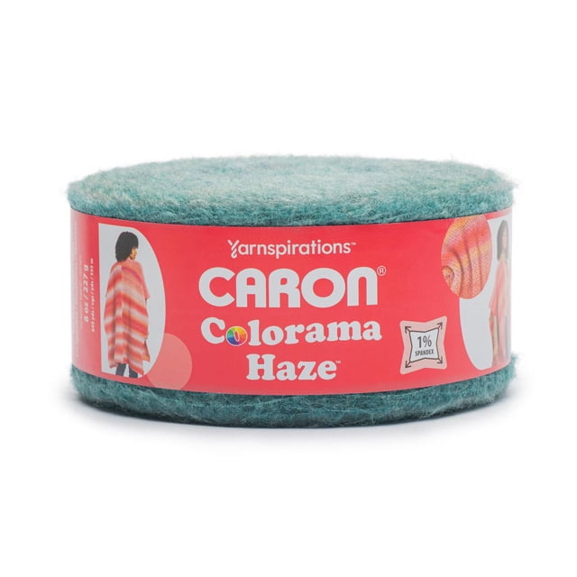 Caron® Colorama Haze™ Yarn, bulky #4 medium weight acrylic blend in teal, 8oz/227g skein with 649 yards, featuring a soft textured fiber and red label, ideal for knitting and crochet projects including cozy shawls and sweaters.