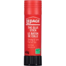 LePage LEP646239 Glue Stick, 40g, acid-free and washable, displayed in a red twist-out tube with a black base and snap-lock cap. Ideal for office supplies, bonding paper, photos, and arts. Features archival-safe, solvent-free, and non-toxic formula.
