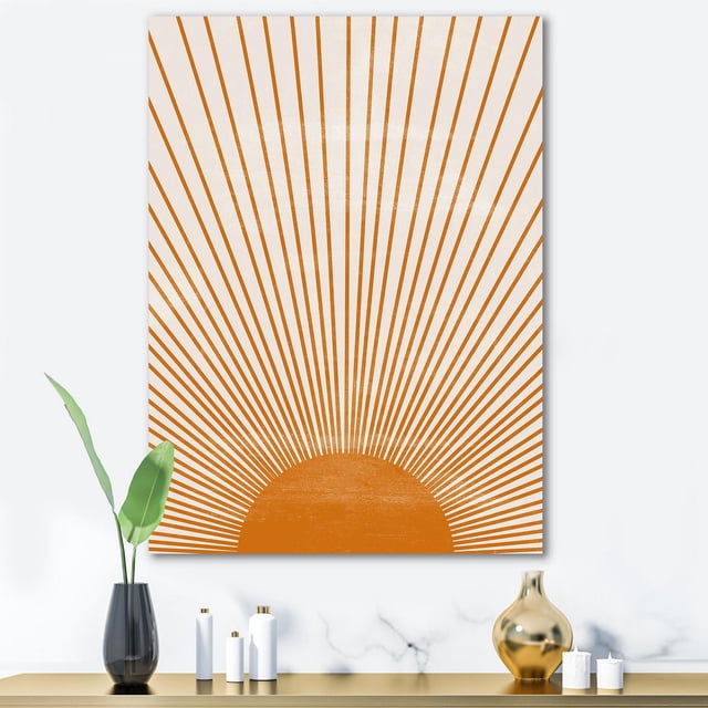 Designart Orange Sun Print III Canvas Wall Art showing a modern geometric abstract design with orange sun rays radiating from a half sun on premium cotton canvas, gallery-wrapped with the design continuing on the sides, ready to hang in a minimalist home décor setting.