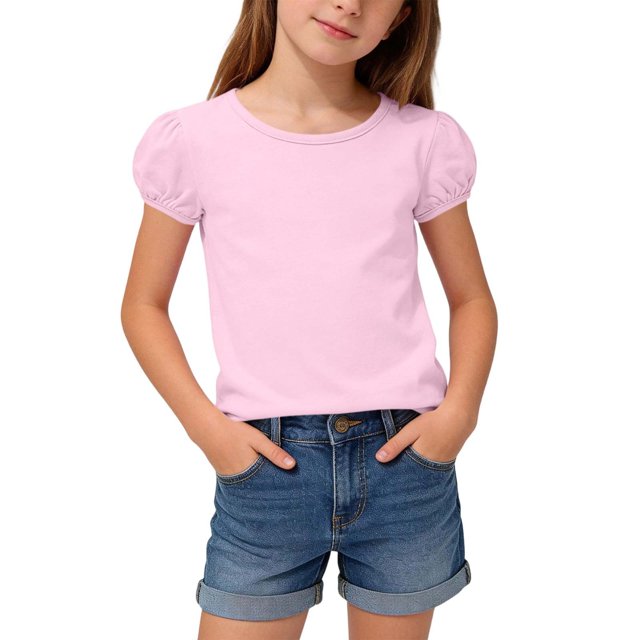 hengsof T-Shirts à Manches Courtes Bouffantes pour Filles, Col Ras du Cou, Coton Uni, Respirant, T-Shirt Décontracté d'Été, Hauts pour Enfants de 1 à 15 Ans