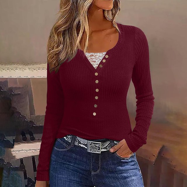 Qertyioot Chemise Blouse Décontractée pour Femme à Boutons, Manches Longues, Col Rond, Ajustée, avec Dentelle Cousue