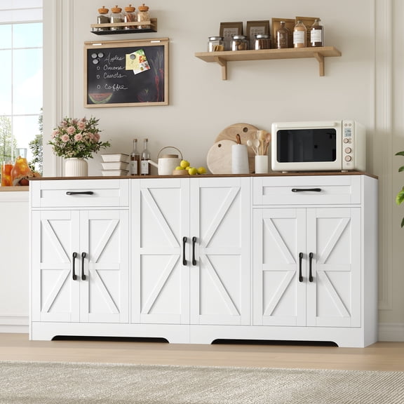 Homfa 70.8" W Buffet Cabinet with 6-Doors, Farmhouse Credenza Sideboard with 2-Drawers & Adjustable Shelves for Kitchen Dining Room, White