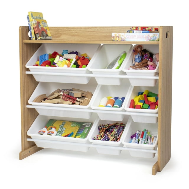 Humble Crew Organisateur de Rangement pour Jouets de Voyage avec Tablette et 9 Bacs de Rangement en Bois Naturel et Blanc, avec Trois Niveaux de Bacs en Plastique Inclinés Contenant des Jouets Colorés, des Fournitures d'Artisanat et des Livres, Convient pour Organiser les Salles de Jeux Ou les Salles de Classe des Tout-Petits et des Enfants d'Âge Préscolaire.