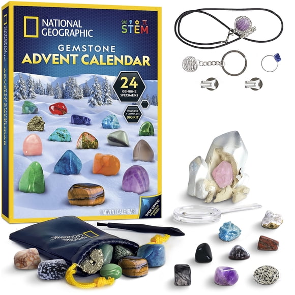 NATIONAL GEOGRAPHIC Calendrier de l'Avent de Pierres Précieuses - Calendrier de l'Avent 2022 pour Enfants avec 24 Pierres Précieuses à Ouvrir Chaque Jour, un Calendrier de Compte à Rebours de Noël Complet de la Collection de Pierres Précieuses avec Mini Trousse de Creusage de Pierres Précieuses