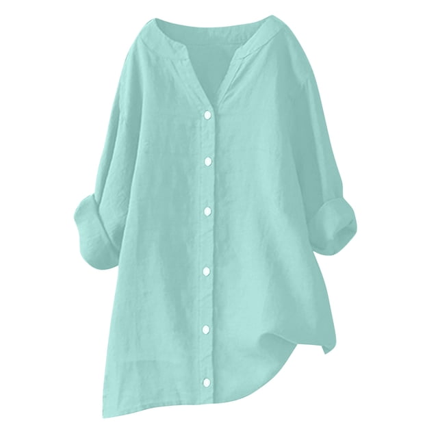 AherBiu Plus Size Womens Button down Shirt Long Sleeve Casual Oversized Shirt Cotton Linen Loose Collared Tops