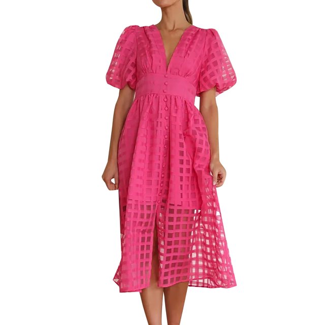 Ketyyh-chn99 Robes d'Été pour Femmes Grande Taille Robe Mini Robe de Fête Robe T-shirt Décontractée Robes à Manches Longues Robe Boho de Plage Rose Vif,TG