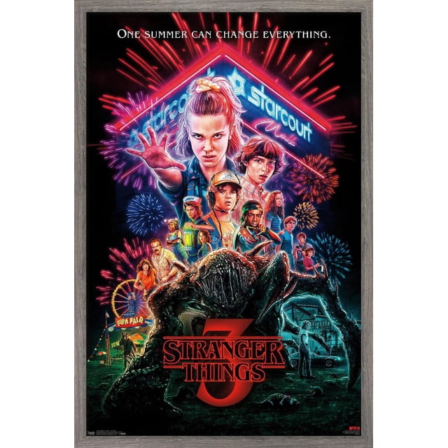 Netflix Stranger Things : Saison 3 - Affiche Murale en une Feuille, 22,375 Po x 34 Po, Représentant le Panneau Central Néon Starcourt avec des Feux d'Artifice, des Personnages Principaux en Tenue des Années 1980, et un Grand Monstre au Premier Plan, avec une Foire Amusante et Grimbor Steelworks en Arrière-Plan, Convenant à une Déco Intérieure Nostalgique à Thème des Années 80.