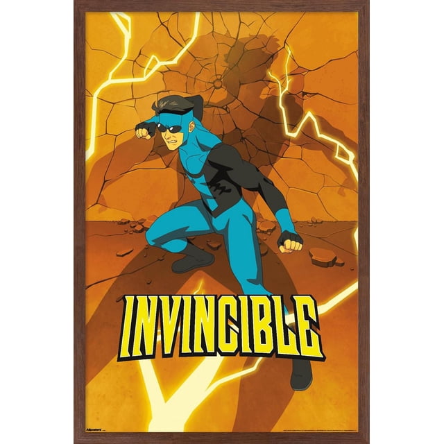 Invincible : Saison 3 - Affiche Murale Teaser d'Un Complet Bleu Représente un Superhéros en Complet Bleu et Noir Accroupi devant un Mur orange Fissuré avec des Éclairs Jaunes Lumineux, Encadré dans du Bois Foncé, avec un Texte « Invincible » Jaune Audacieux au Bas, Convient à la Déco Murale de la Maison Ou du Bureau.