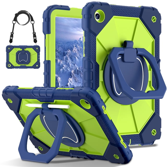 Samsung Tab A9 8.7" Shockproof Case with 360° Rotating Stand, C3 Series All-Inclusive Protective Cover Made of Silicone & PC, Wear-Resistant Embossed Design, Includes Detachable Shoulder Strap -