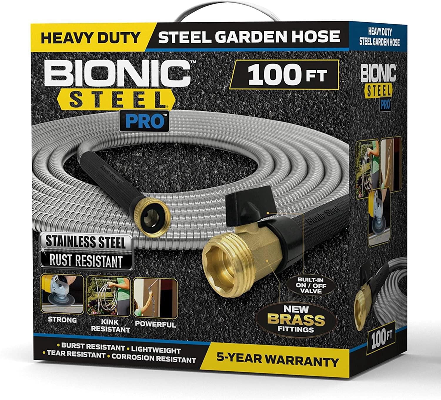 Bionic Steel PRO 100 Foot Heavy Duty 304 Stainless Steel 500 PSI Garden Hose Lightweight Kink-Free with Brass Fittings and Bonus Nozzle