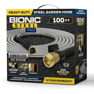 Bionic Steel PRO 100 Foot Heavy Duty 304 Stainless Steel 500 PSI Garden Hose Lightweight Kink-Free with Brass Fittings and Bonus Nozzle