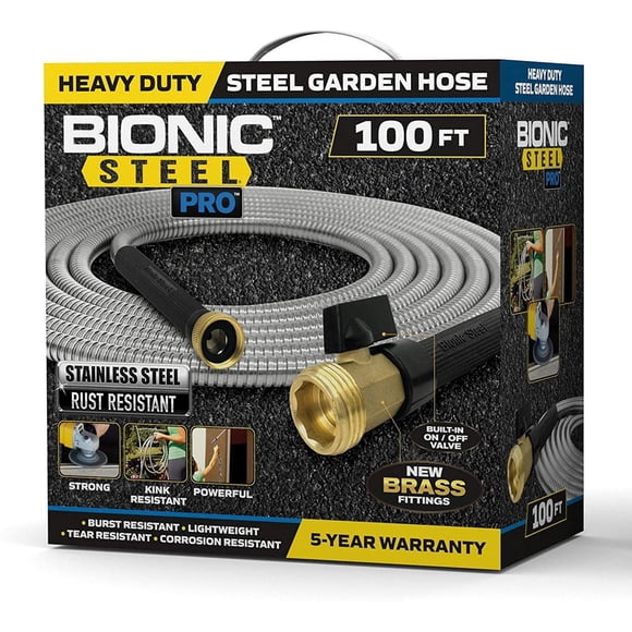 Bionic Steel PRO 100 Foot Heavy Duty 304 Stainless Steel 500 PSI Garden Hose Lightweight Kink-Free with Brass Fittings and Bonus Nozzle