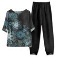 thumbnail image 1 of Mikilon Ensemble Élégant pour Femmes 2 Pcs Coton Lin Imprimé Manches Cinq-Quarts Col Rond + Pantalon Décontracté Noir-C L, 1 of 2